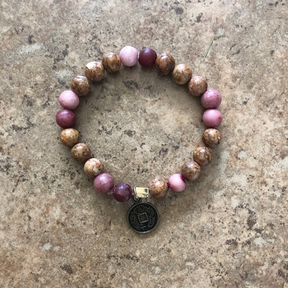 Jasper and resin bracelet with lucky coin - brown and rose earth colors stretch - Picture 1 of 2